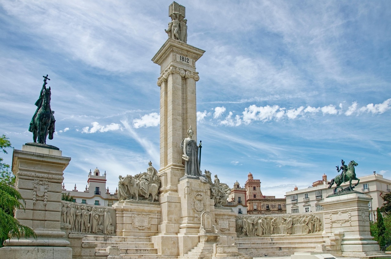 spain, andalusia, province of cadiz, cadiz, city, historic center, historic centre, jardines de la plaza de espana, monument to the constitution of 1812, monument to the 1812 constitution, monument, nature, historical, park, clouds, heaven, blue, to travel, tourism, sightseeing