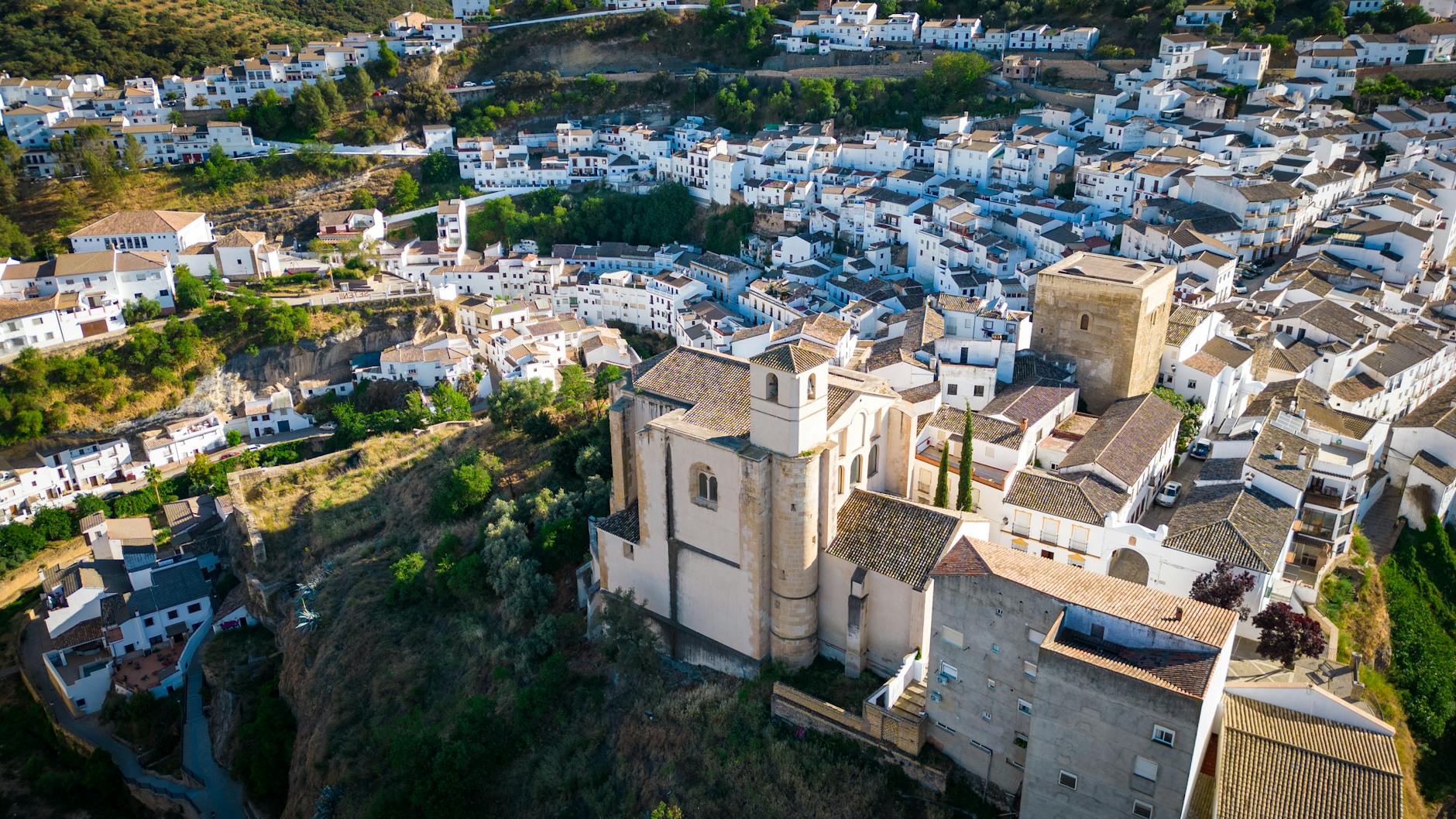 Stunning aerial view of Setenil de las Bodegas, a unique town in Andalucía, Spain.