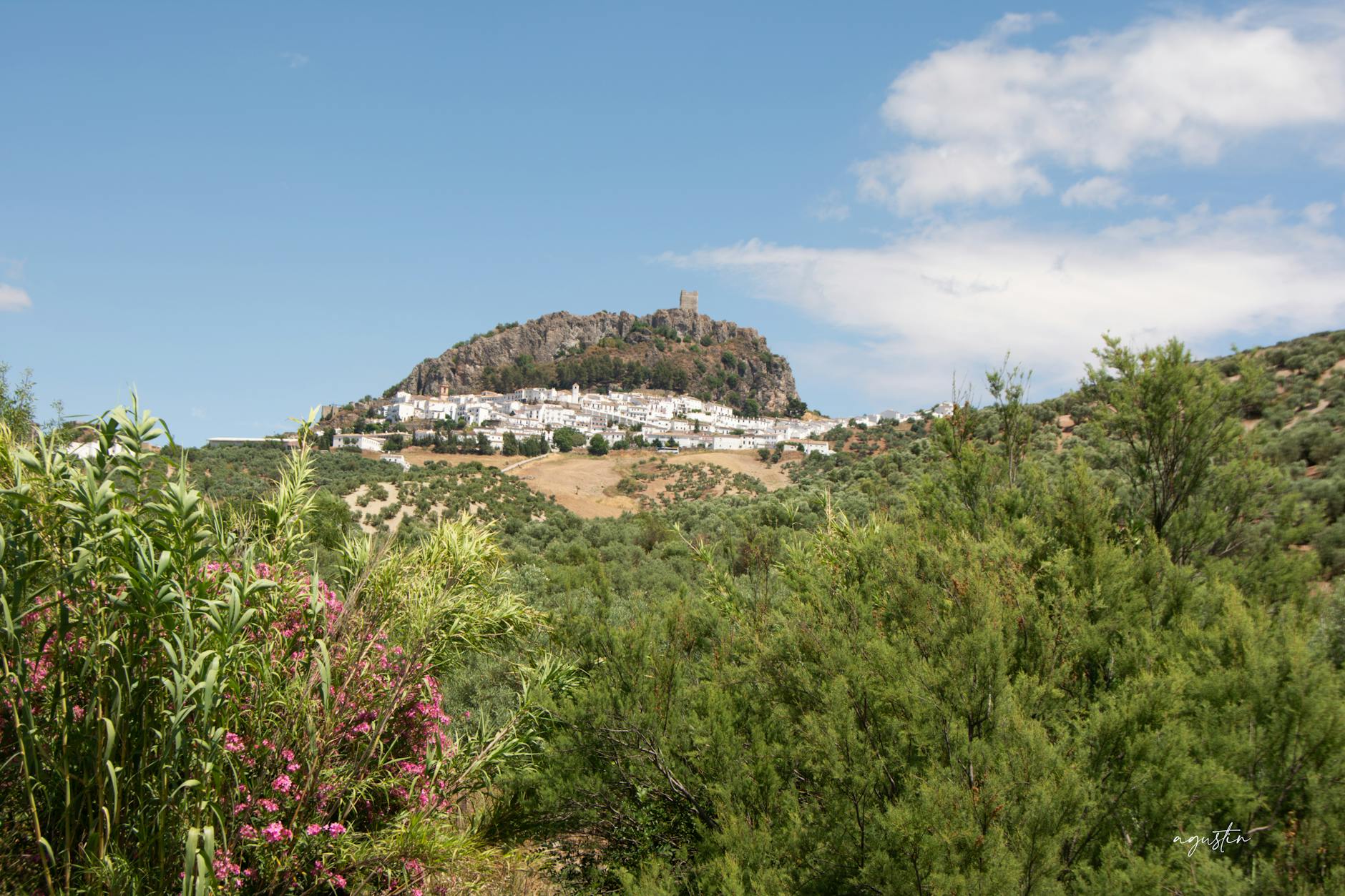 Historic hilltop town of Zahara de la Sierra with lush greenery and blue skies in Spain.