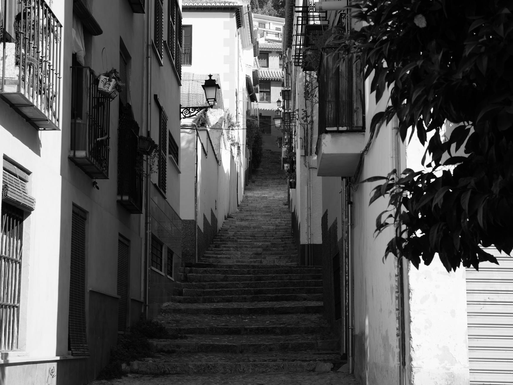 Picturesque black and white view of a historic alleyway in Granada, Spain.