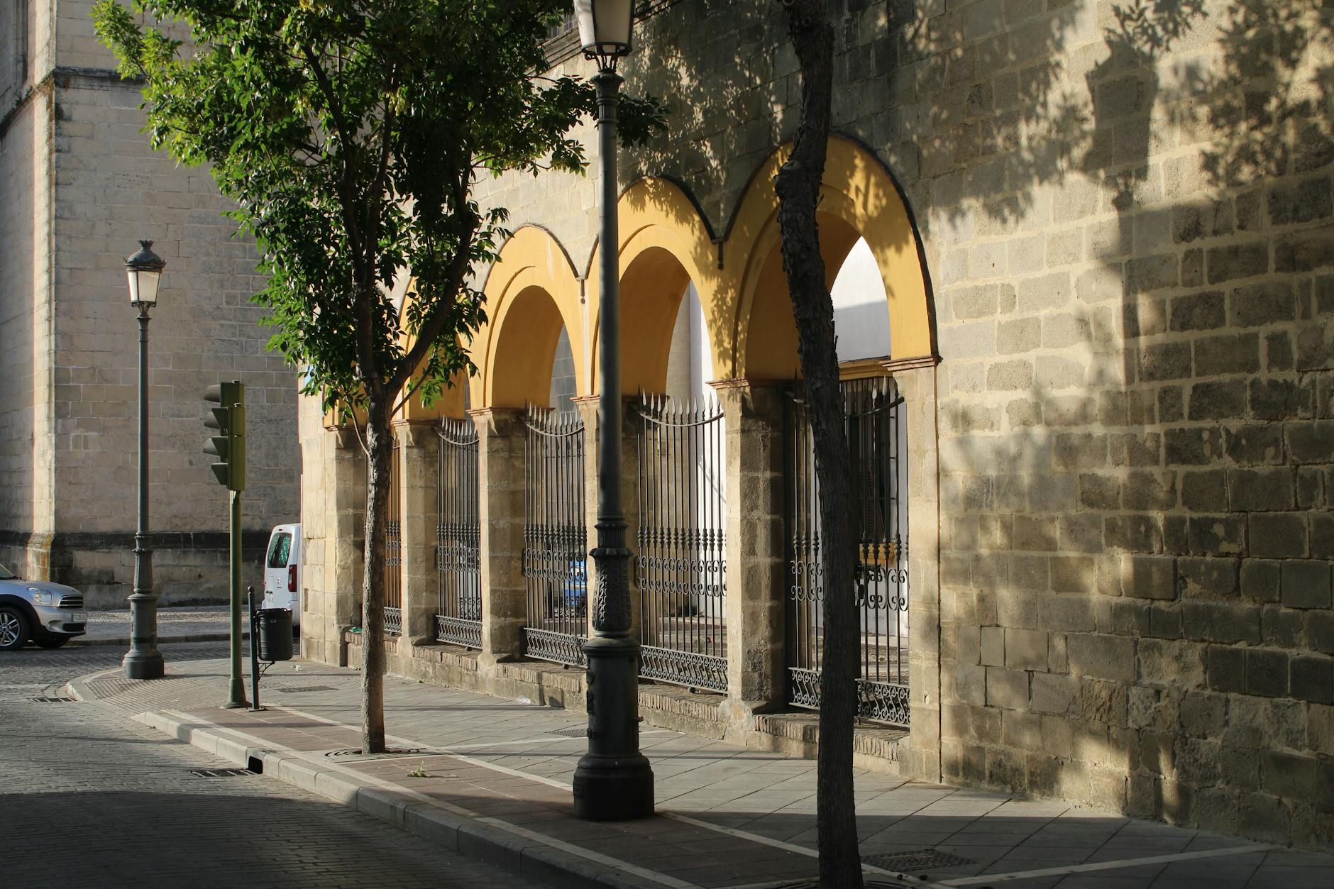 Charming street scene with arched facade and trees in Jerez de la Frontera, Spain, on a sunny day.