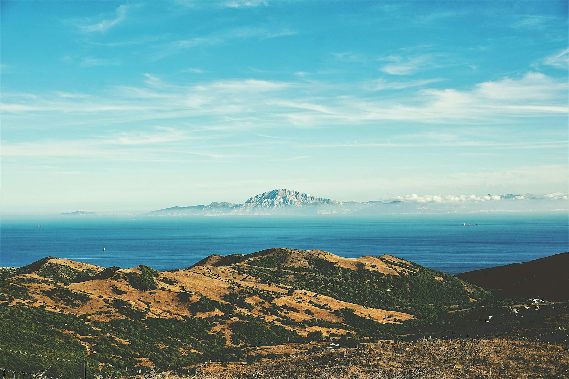 Stunning landscape from Tarifa, Spain with African coast in sight, across the Strait of Gibraltar.