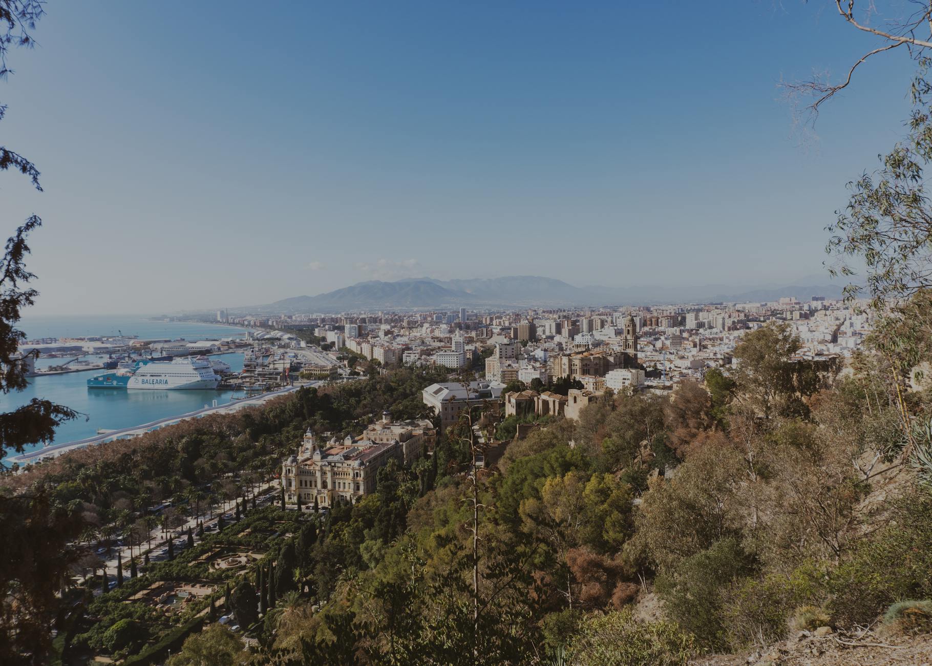 Stunning aerial view of Málaga cityscape with harbor and lush greenery under a clear blue sky.