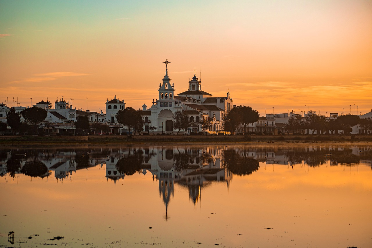 el rocío, huelva, spain, andalusia, reflection, dawn, church, hermitage, pilgrim, nature, landscape, national park, doñana, beauty, orange, colorful, tower, huelva, huelva, huelva, huelva, huelva, nat
